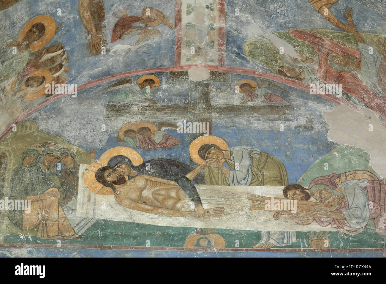 The Entombment of Christ. Museum: Mirozhsky Monastery, Pskov. Author: Ancient Russian frescos. Stock Photo