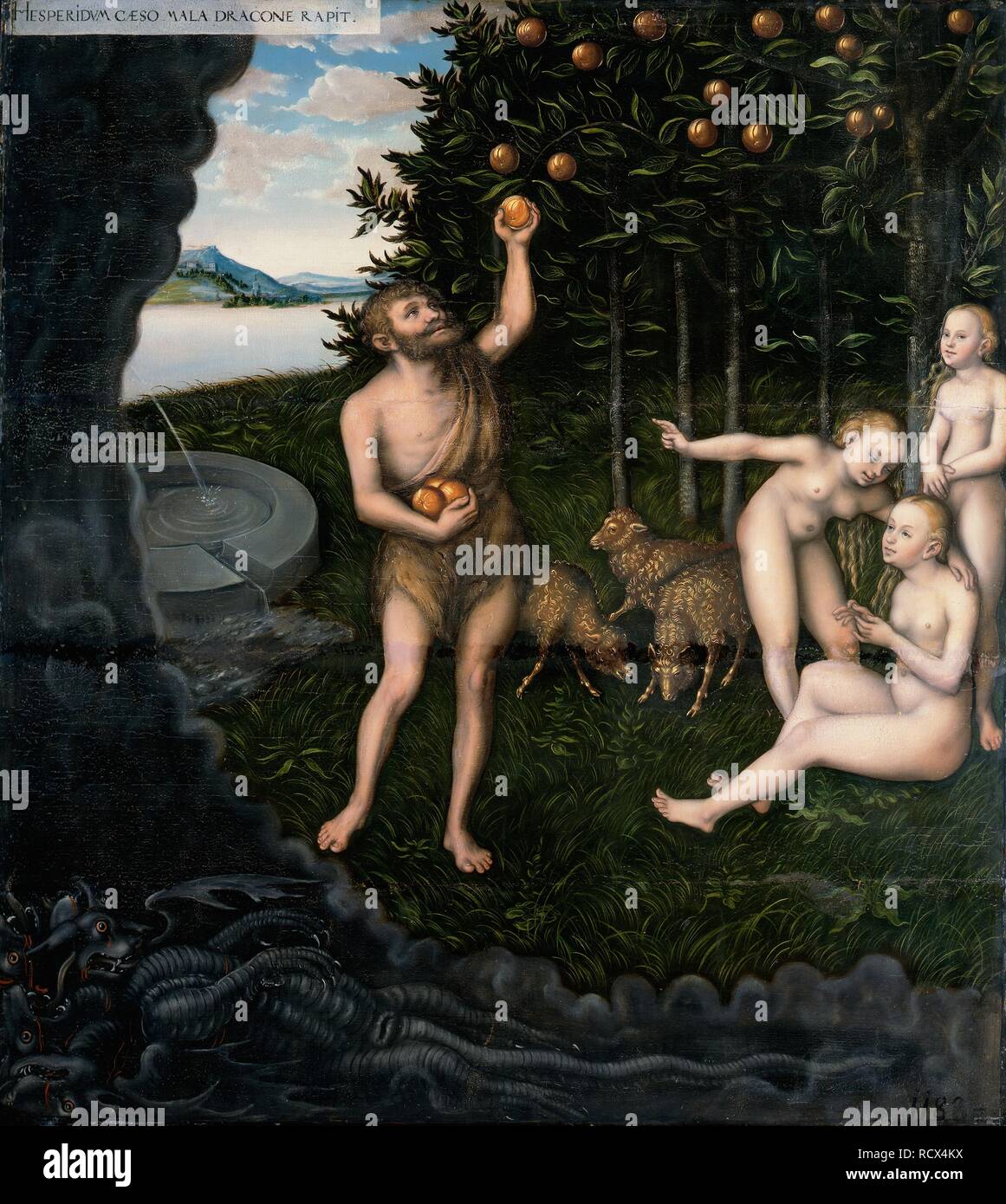 Hercules stealing the apples from the Hesperides (From The Labours of Hercules). Museum: Herzog Anton Ulrich Museum, Braunschweig. Author: Cranach, Lucas, the Elder. Stock Photo