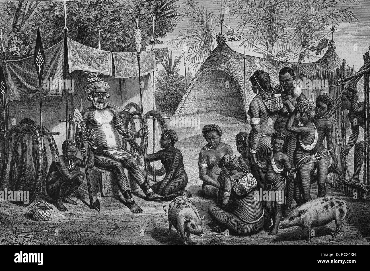 Funeral in New Britain, part of Melanesia, belongs politically to Papua New Guinea, woodcut, historical engraving, 1880 Stock Photo