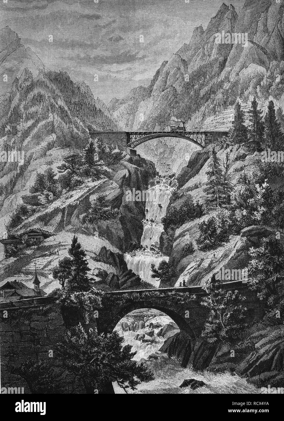 View of the Gotthardbahn railway line, bridge across the Rohrbach creek near Wattingen, Switzerland, wood engraving, 1880 Stock Photo