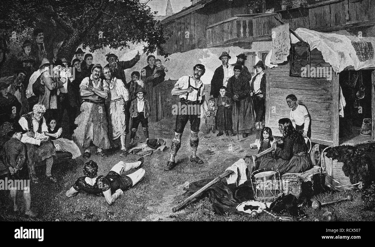 The defeated Hercules, brawl at a village parish fair, wood engraving, 1880 Stock Photo