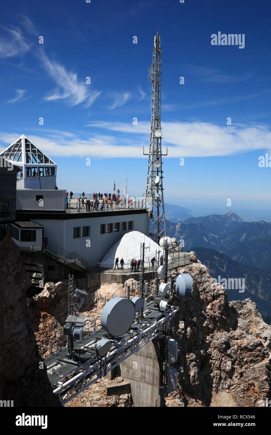 Meteorological station and transmission tower on Mt Zugspitze, Bavaria Stock Photo