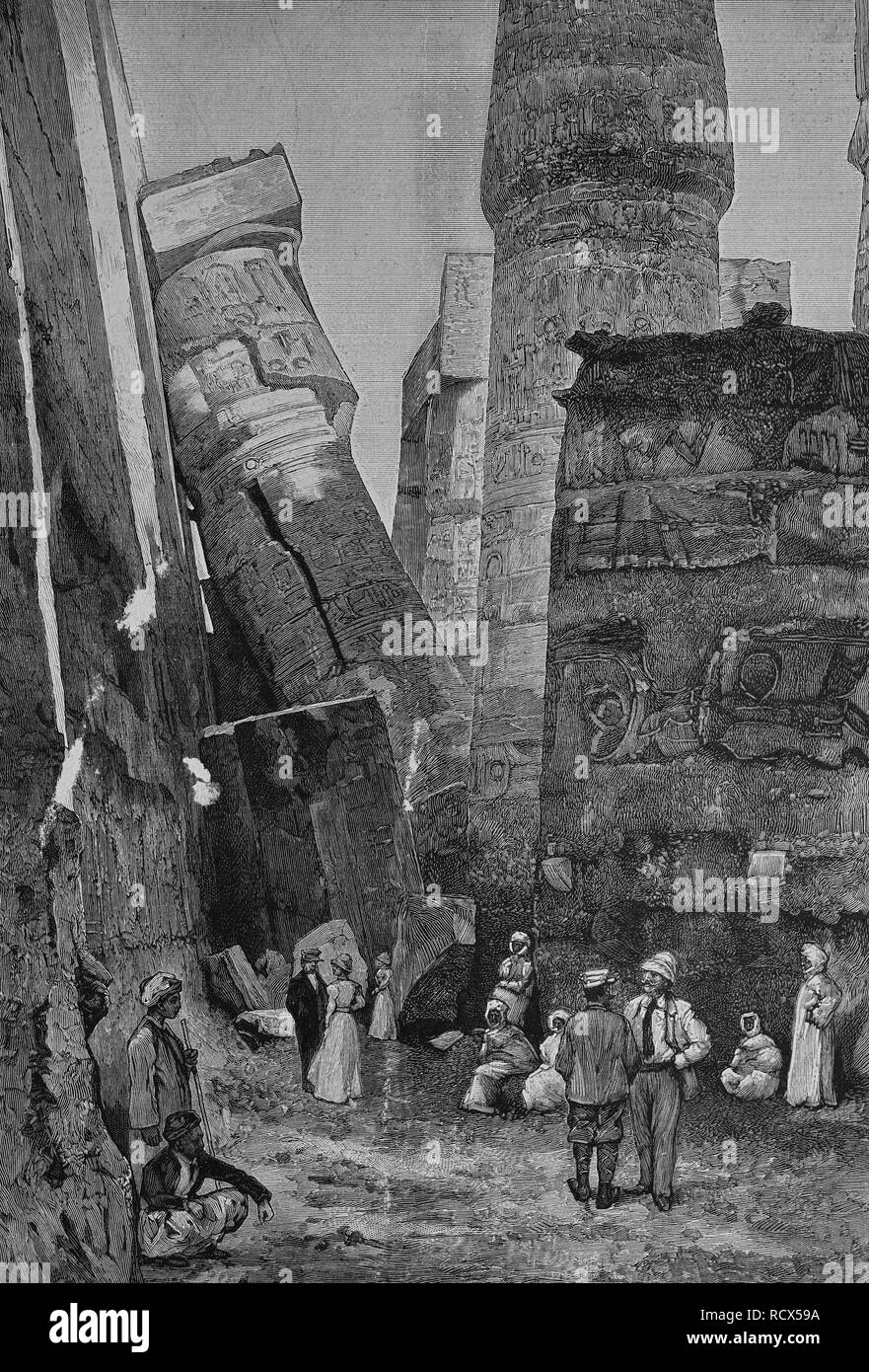 Newly fallen pillar in the Temple of Karnak, Egypt, woodcut, historical engraving, 1882 Stock Photo