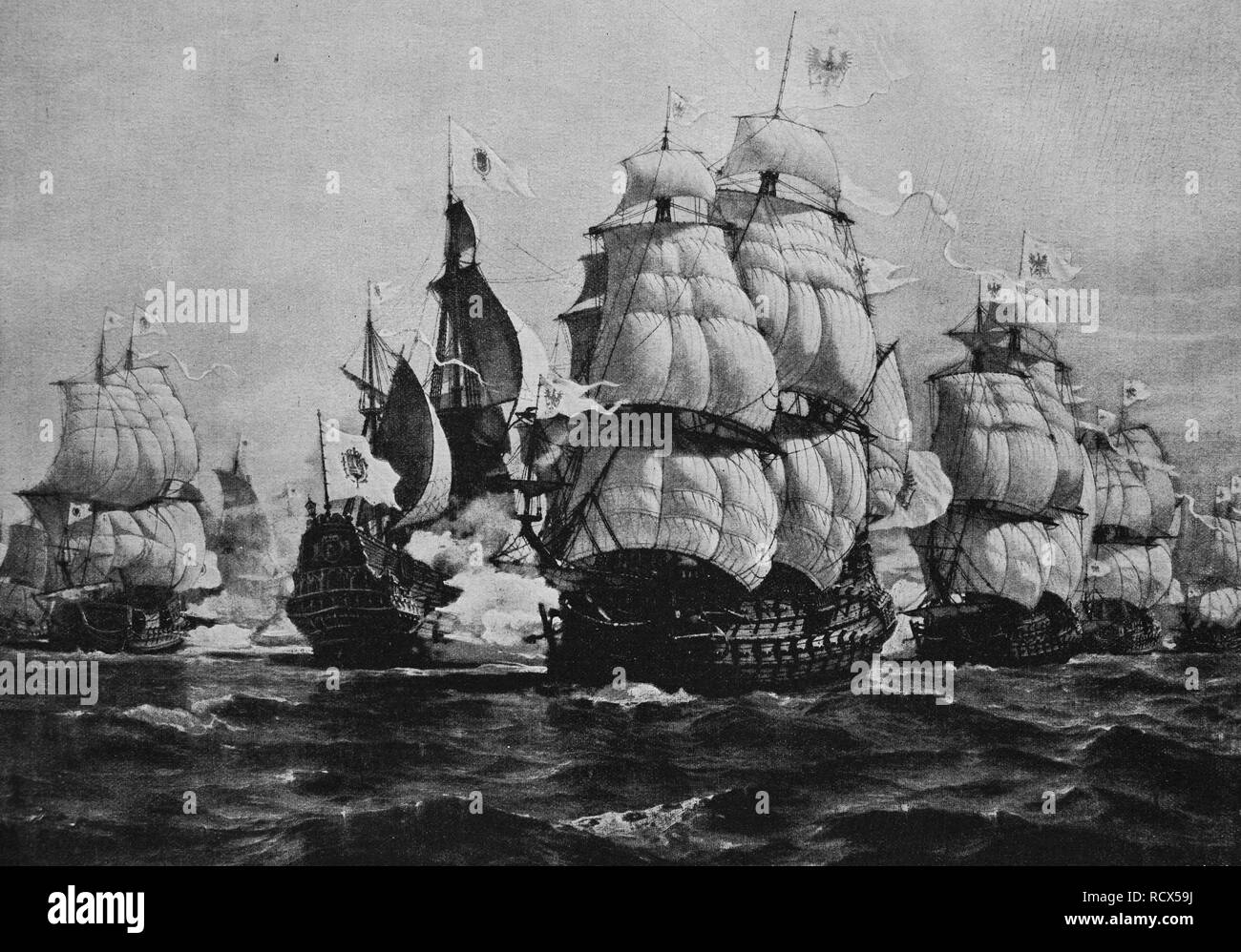 The battle of Brandenburg and Spanish ships off Cape St. Vincent, Portugal, 1681, woodcut, historical engraving, 1882 Stock Photo