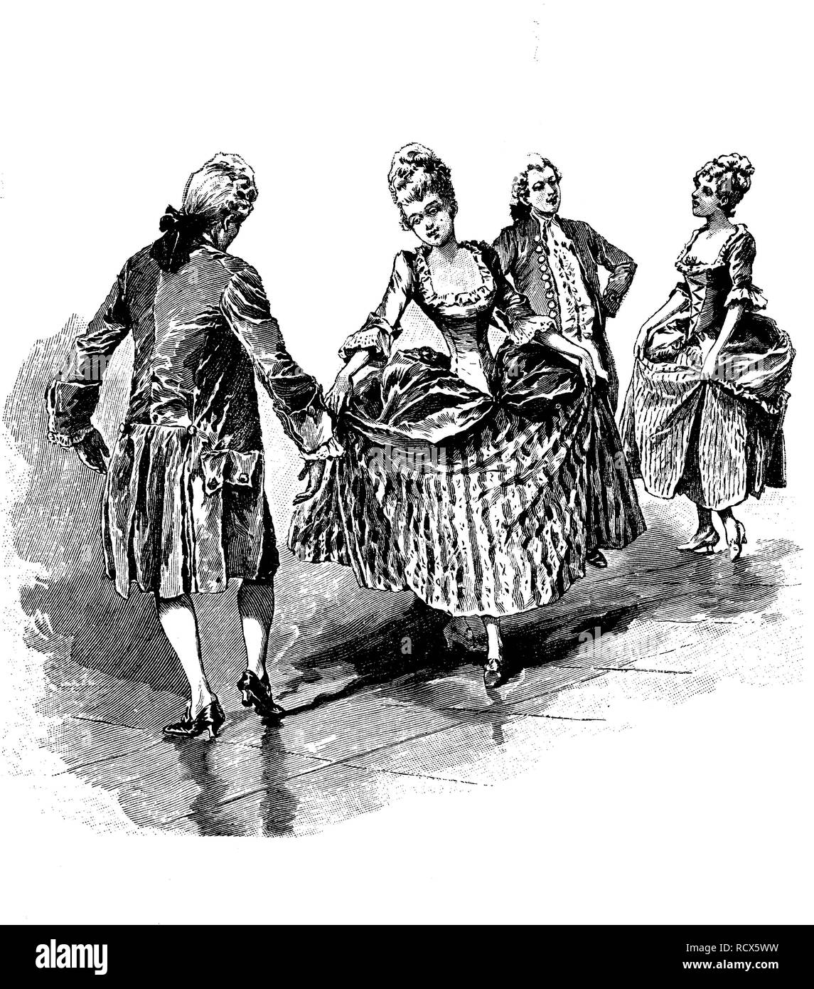 Minuet, old French folk dance of the Baroque and Classical eras, woodcut, 1888, historic engraving Stock Photo
