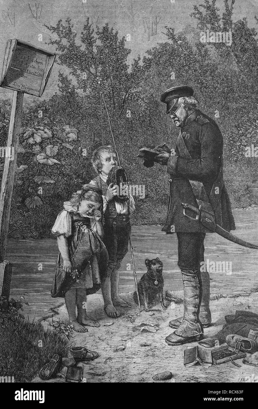 Policeman caught children fishing at a no-fishing zone, wood engraving, 1880 Stock Photo