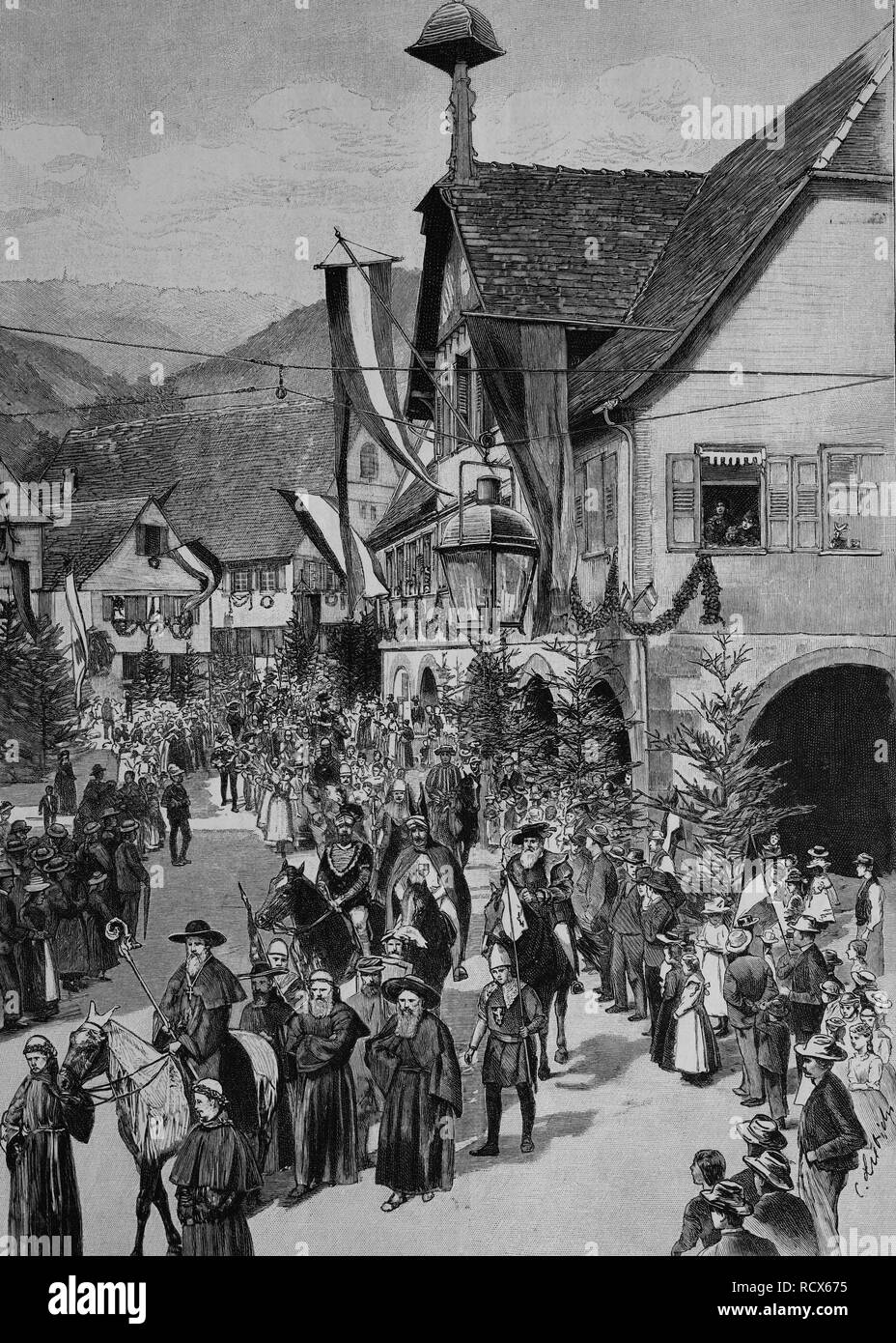 Parade at the Jubelfeier fest in Alpirsbach in the Black Forest, Germany, wood engraving, about 1884 Stock Photo