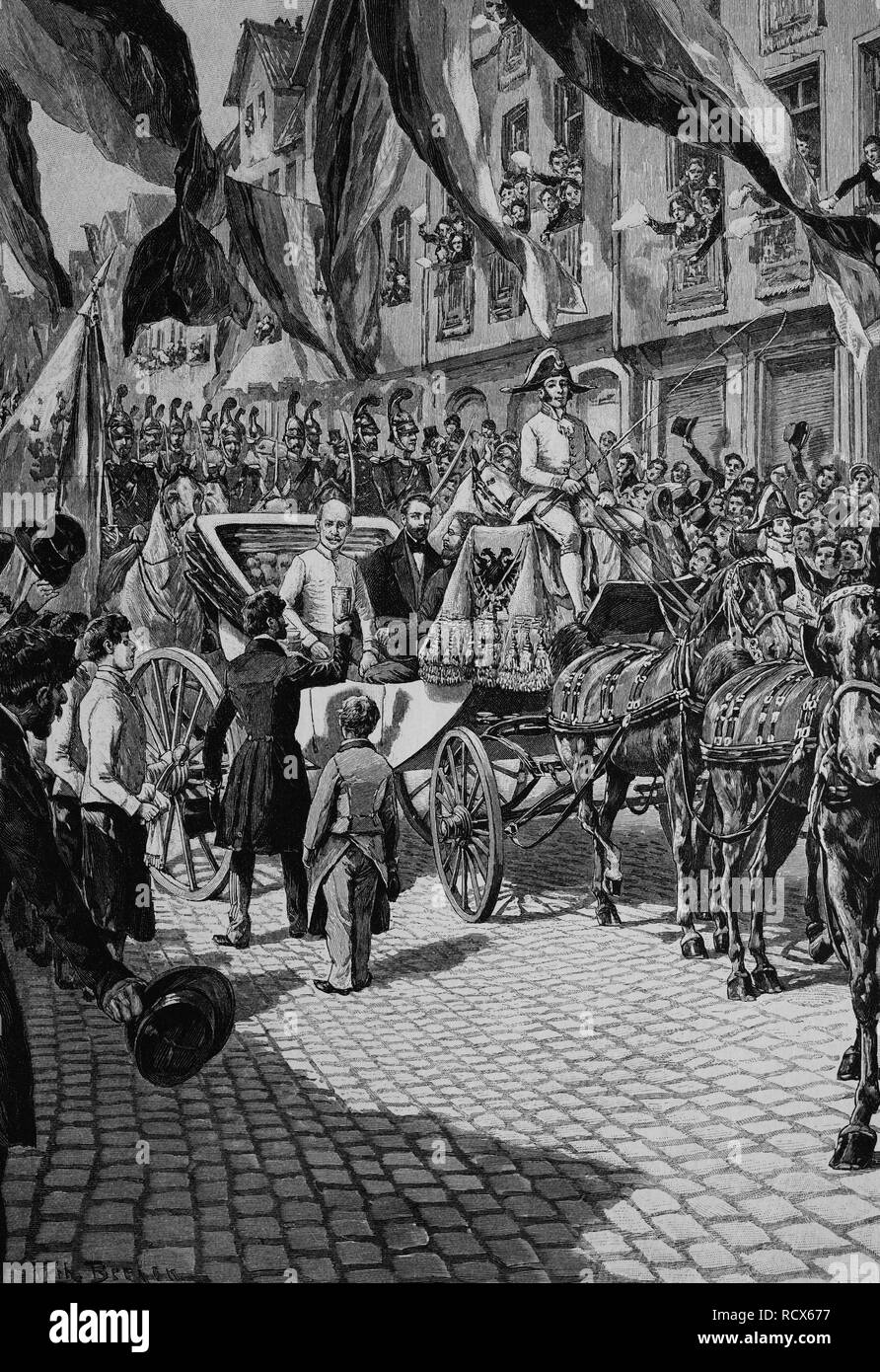 Arrival of the German Imperial regent in Frankfurt, Germany, wood engraving, about 1880 Stock Photo
