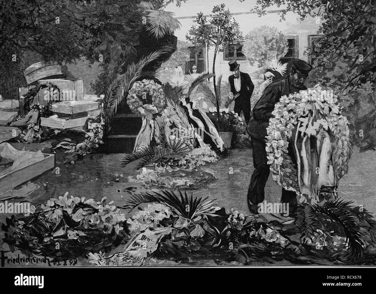 Arranging of funeral wreaths in the castle courtyard of Friedrichsruh, Germany, wood engraving, about 1890 Stock Photo