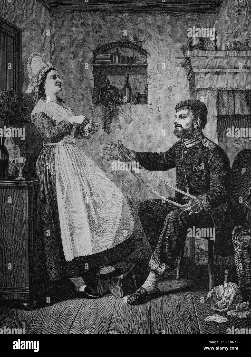 Landwehrmann und Hausmaedchen, a soldier of the Prussian and Imperial German reserve forces and a housemaid, wood engraving Stock Photo