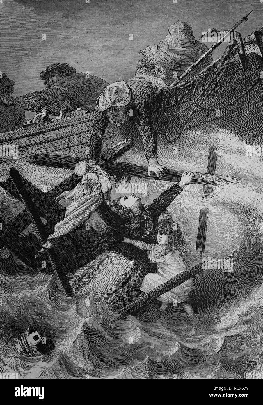 Sea rescue, wood engraving, about 1880 Stock Photo
