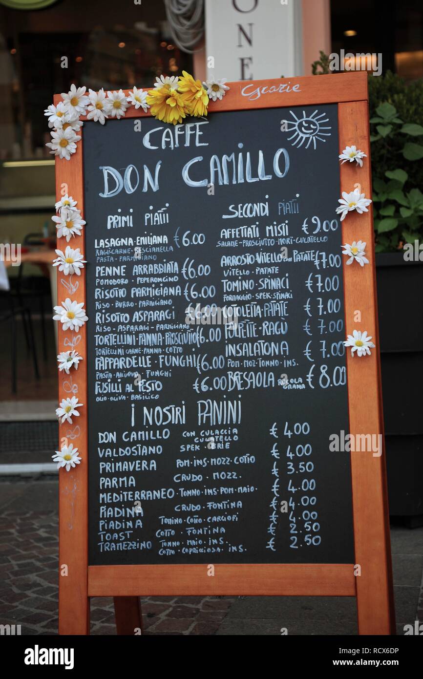 Menu of the restaurant Don Camillo in Brescello, Emilia Romagna, Italy, Europe Stock Photo
