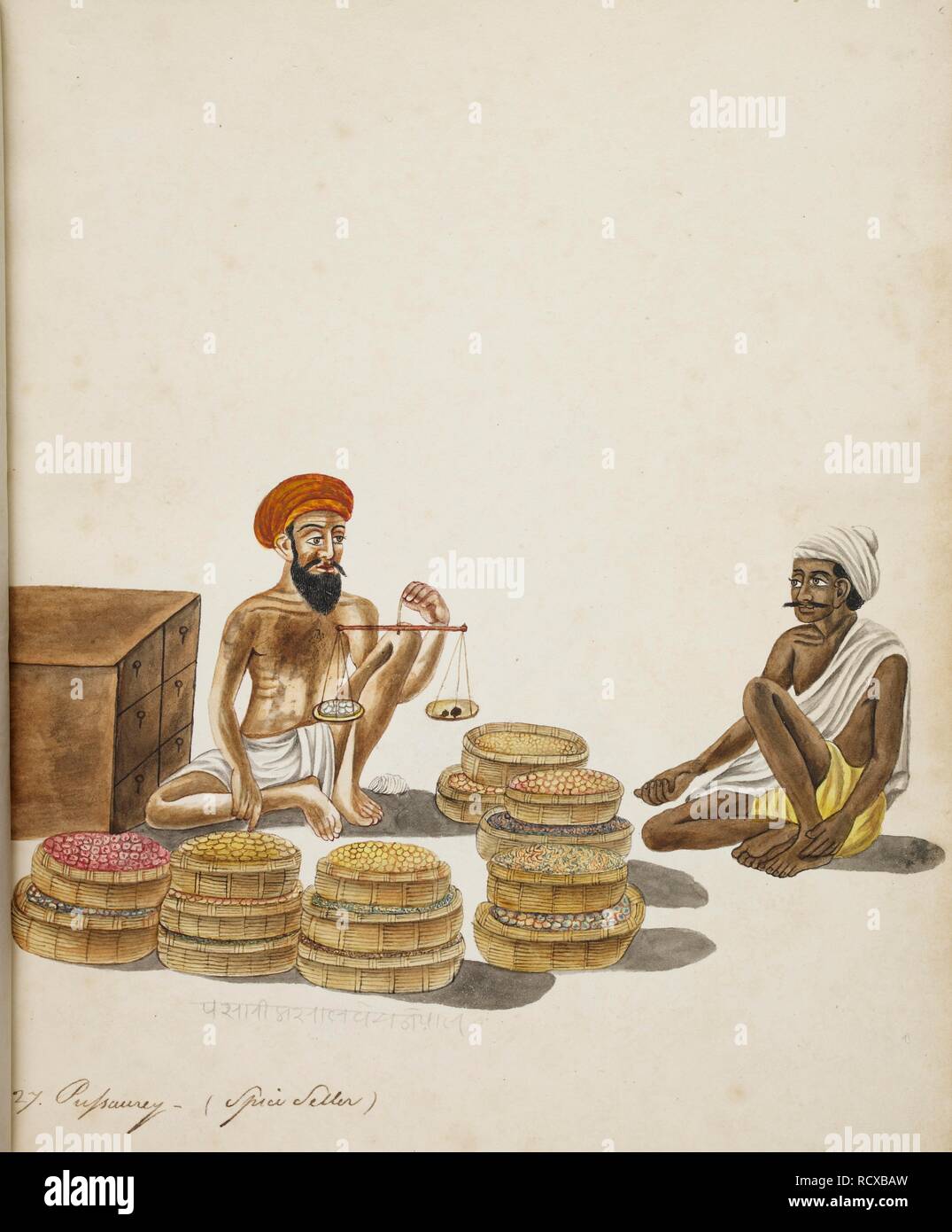 Spice-seller and customer. Inscribed: 'Pussaurey. (Spice Seller)'. 1815-1820. Watercolour, inscribed in ink by an Indian with vernacular English titles; also in certain cases in pencil with titles in 'nagari' characters. Source: Add.Or.147. Stock Photo