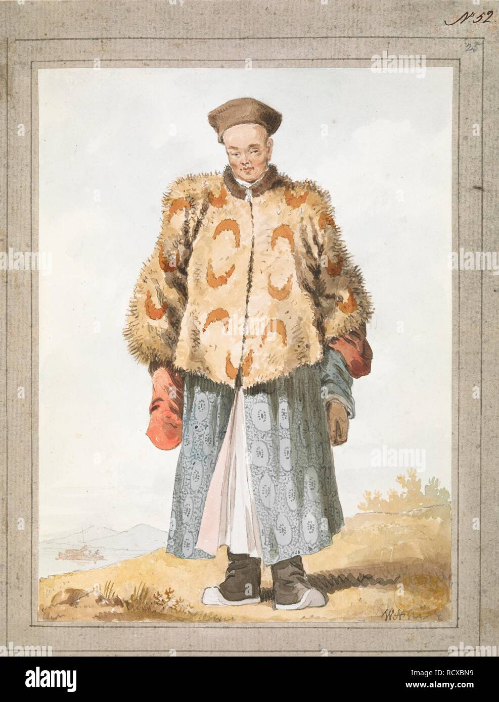 Portrait of a Chinese in his winter dress. Portrait of a man standing full-length facing front dressed in patterned fur-cape, cap, long tunic and boots, with landscape in the background. Signed with initials at bottom right and pasted on mount with washlines.  . [A collection of eighty views, maps, portraits and drawings illustrative of the Embassy sent to China under George, Earl of Macartney, in 1793; drawn chiefly by William Alexander, some by Sir John Barrow, Bart., some by Sir Henry Woodbine Parish, and one by William Gomm. Many of them are engraved in Sir George Staunton's Narrative of t Stock Photo