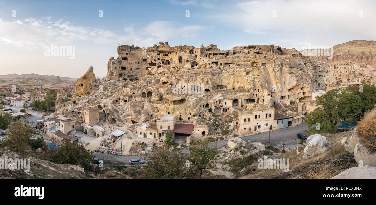 Landscape, top view of the Cavusin fortress and church Vaftizci Yahya, Saint John the Baptist in Cappadocia, Turkey Stock Photo