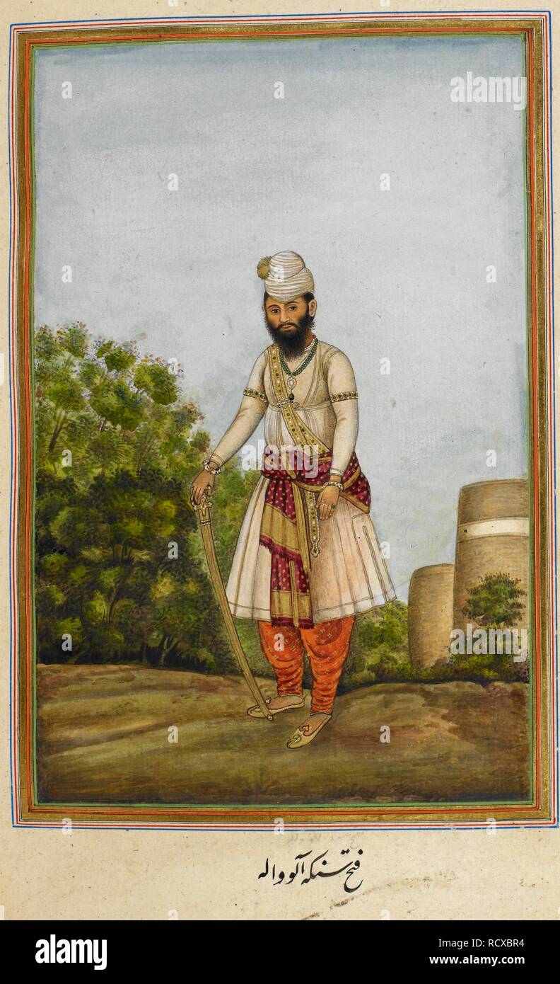 Portrait of Raja Fath Singh of Karpurthala (r.1801-1836). Tazkirat al-umara, written for Col. James Skinner. Historical notices of some princely families of Rajasthan and the Panjab, chiefly of those near to Hissar where Colonel Skinner was stationed. Thirty-eight portraits. India, 1830. Source: Add. 27254, f.212v. Language: Persian. Author: ANON. Stock Photo