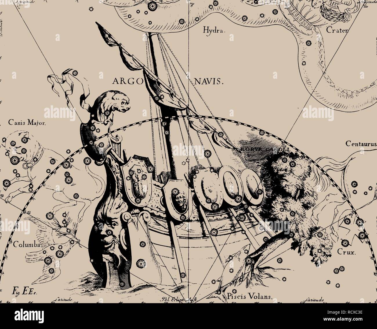 The constellation Argo Navis. Museum: PRIVATE COLLECTION. Author: HEVELIUS, JOHANNES. Stock Photo