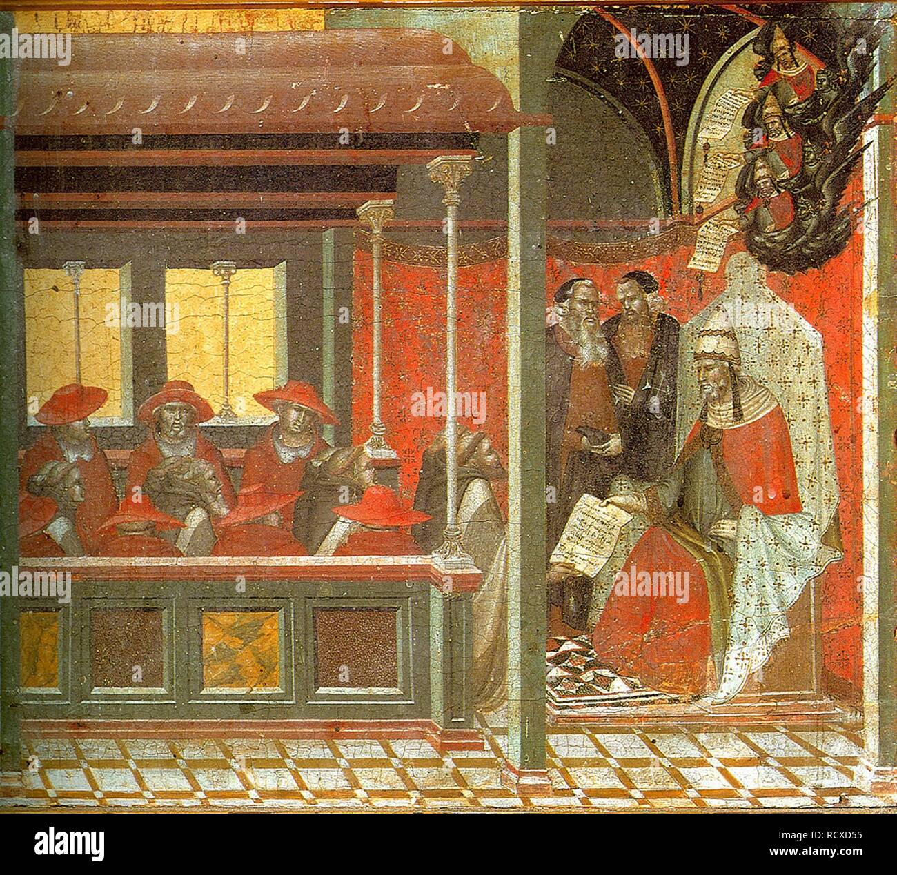 Pope John XXII Approving the Carmelite Rule (Predella panel). Museum: Pinacoteca Nazionale, Siena. Author: LORENZETTI, PIETRO. Stock Photo