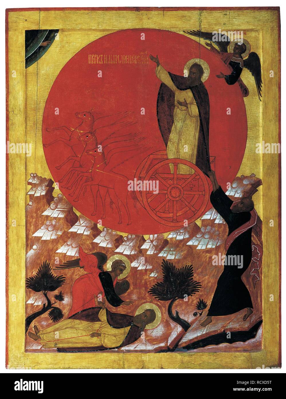 The Prophet Elijah and the Fiery Chariot. Museum: Regional Art Museum, Solvychegodsk. Author: Russian icon. Stock Photo