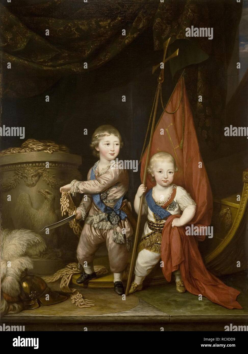 Portrait of Grand Dukes Alexander Pavlovich and Constantine Pavlovich as children. Museum: State Hermitage, St. Petersburg. Author: BROMPTON, RICHARD. Stock Photo