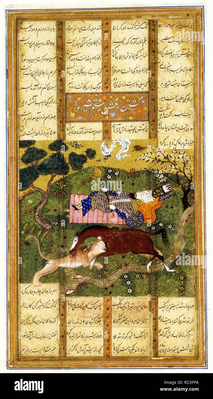 Rakhsh Kills an Attacking Lion While Rustam Sleeps. From the Shahnama ...