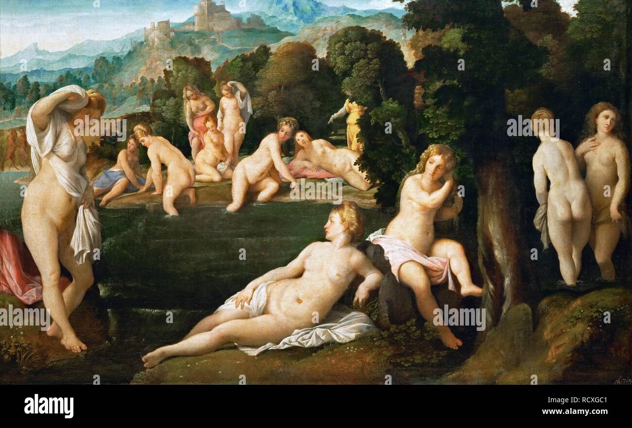 Nymphs Bathing. Museum: Art History Museum, Vienne. Author: Palma il Vecchio, Jacopo, the Elder. Stock Photo