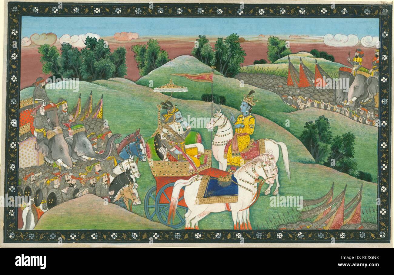 The dialogue between Lord Krishna and Arjuna. Museum: PRIVATE COLLECTION. Author: INDIAN ART. Stock Photo