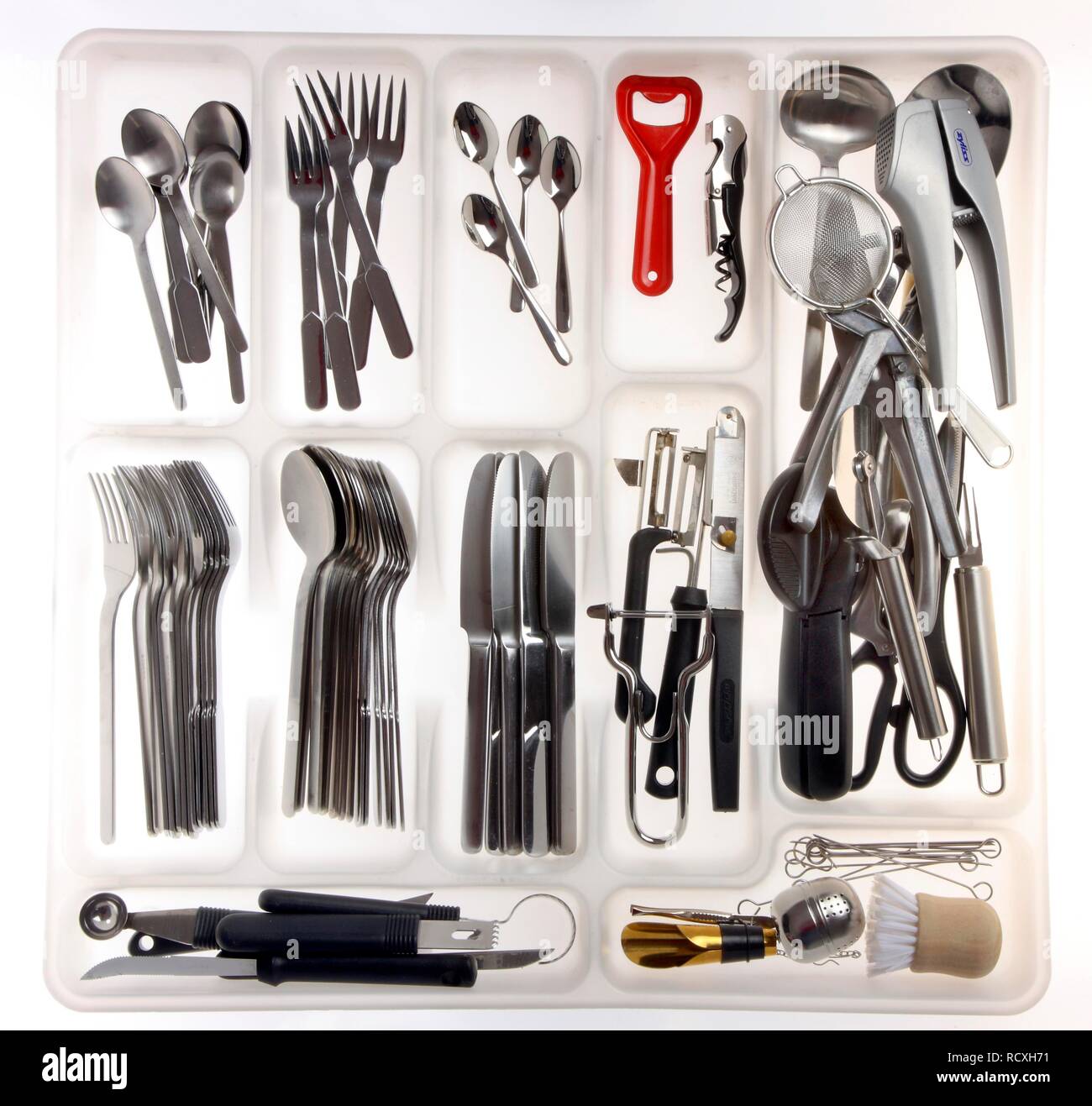 Rack drawer for cutlery, various kitchen tools Stock Photo
