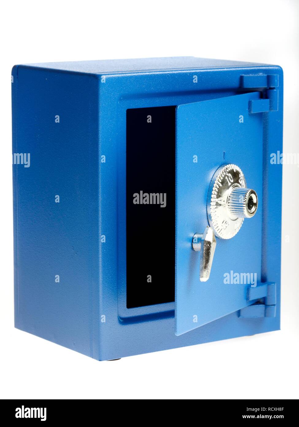 Small blue toy safe with a combination lock, for use as a piggy bank Stock Photo