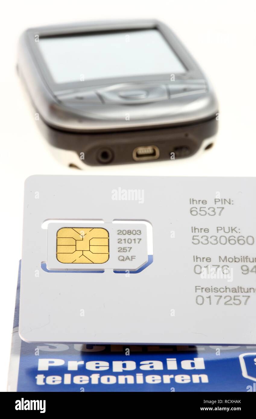 Rechargeable SIM card for a mobile phone, prepaid, credit card Stock