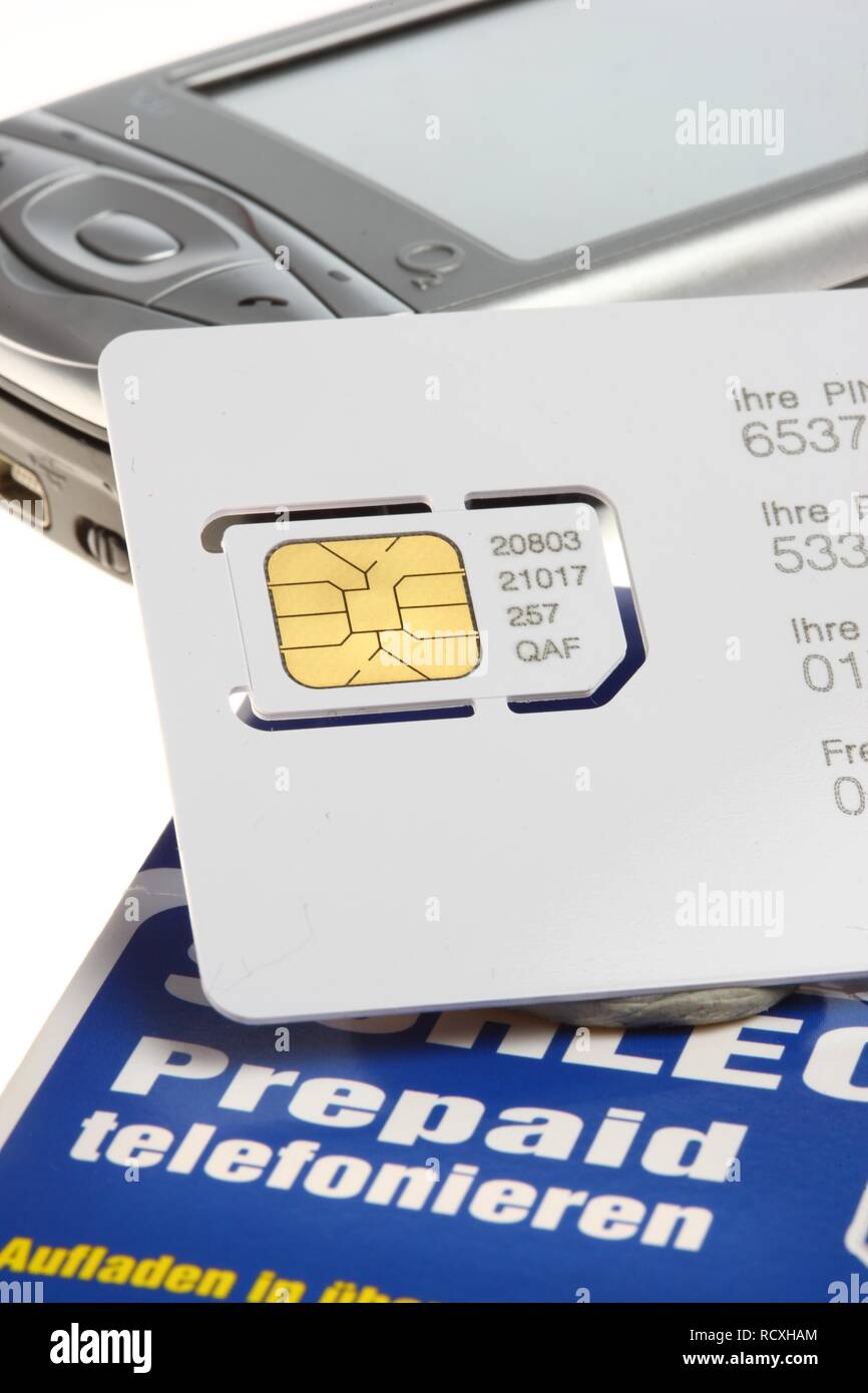 Rechargeable SIM card for a mobile phone, prepaid, credit card Stock Photo