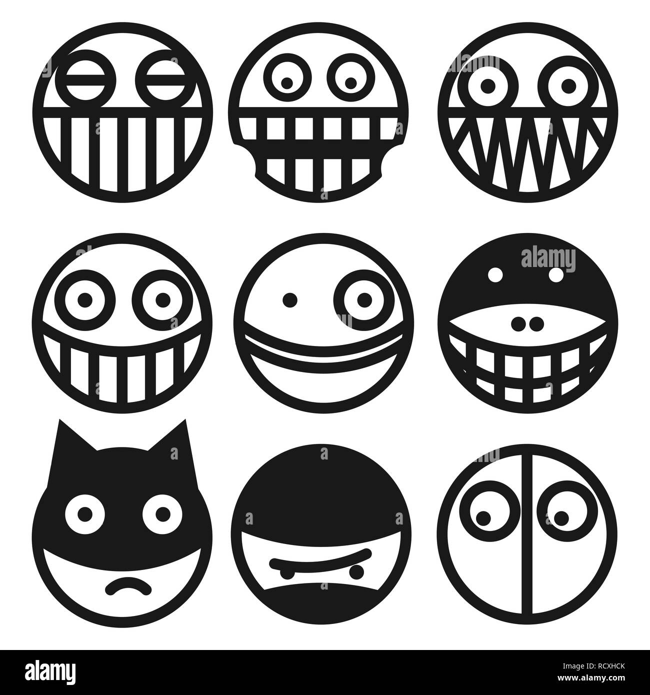 Set of Cartoon character mask icon in black and white flat style. Vector illustration Stock Vector