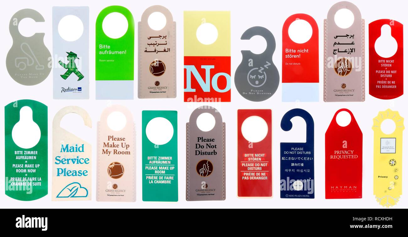 Please do not disturb and Please tidy the room signs from several different hotels, made to hang outside the room on the door Stock Photo