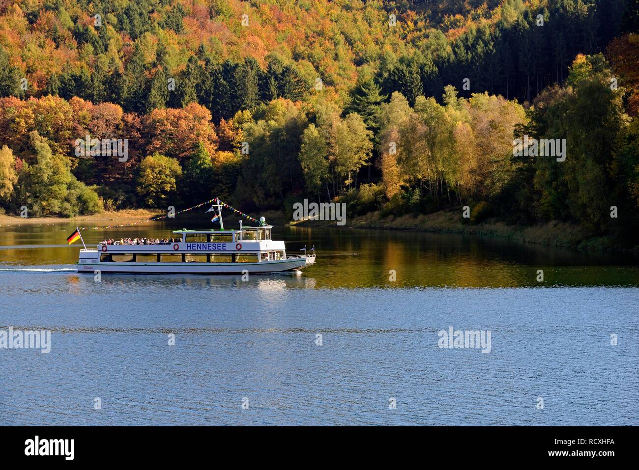 Excursion boat MS Hennesee, autumn atmosphere at the Hennesee, Hennetalsperre, nature park Sauerland-Rothaargebirge Stock Photo