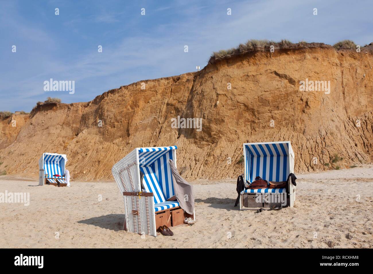 Beach chairs, Rotes Kliff steep coast, Kampen, Sylt island, Schleswig-Holstein Stock Photo