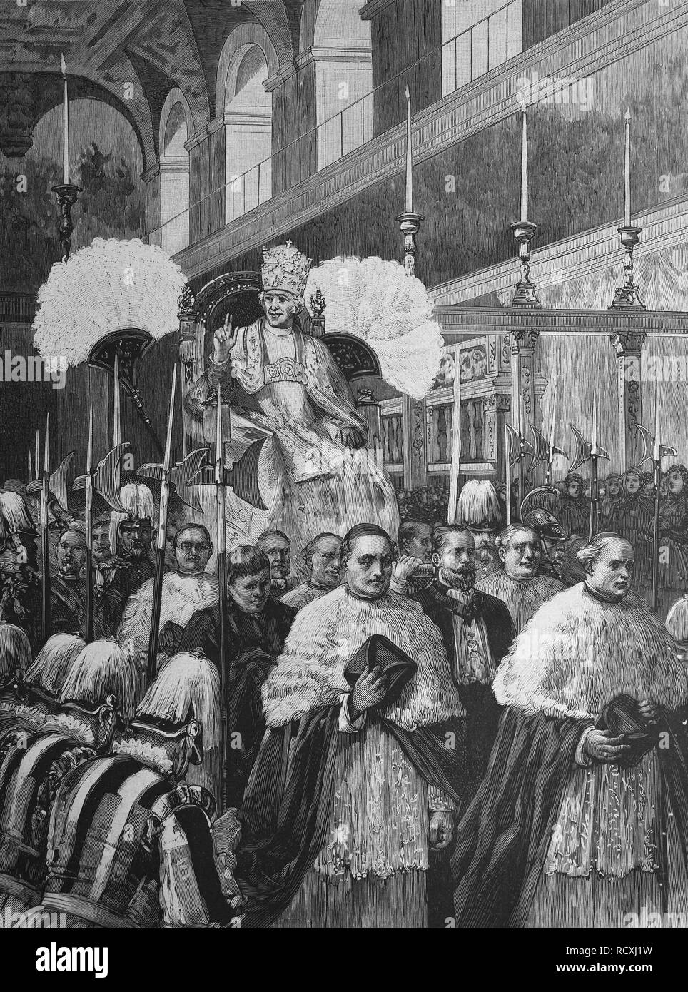 Historical engraving, golden jubilee of ordination of Pope Leo XIII, procession into St Peter's, Pope Leo XIII Stock Photo