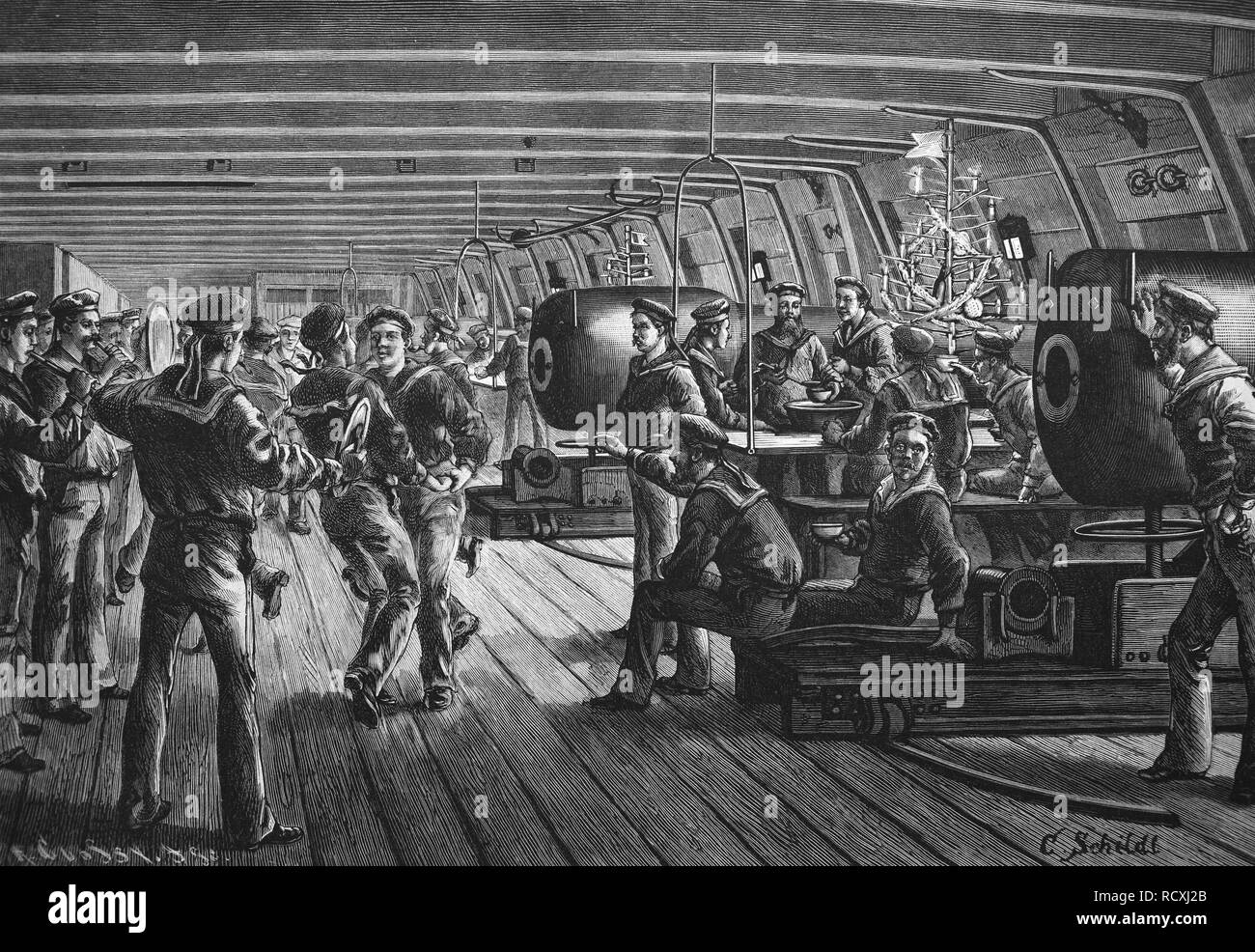 Historical engraving, Christmas party on a German warship on the high seas, 1888 Stock Photo