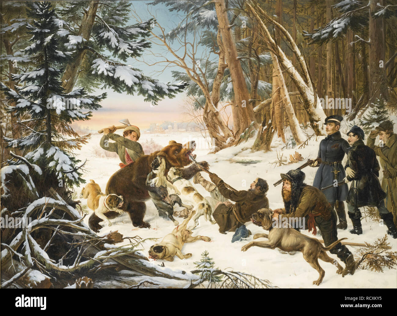 The Tsarevich Alexander Nikolaevich on a Bear hunt on the Outskirts a Moscow. Museum: PRIVATE COLLECTION. Author: GRASHOF, OTTO. Stock Photo