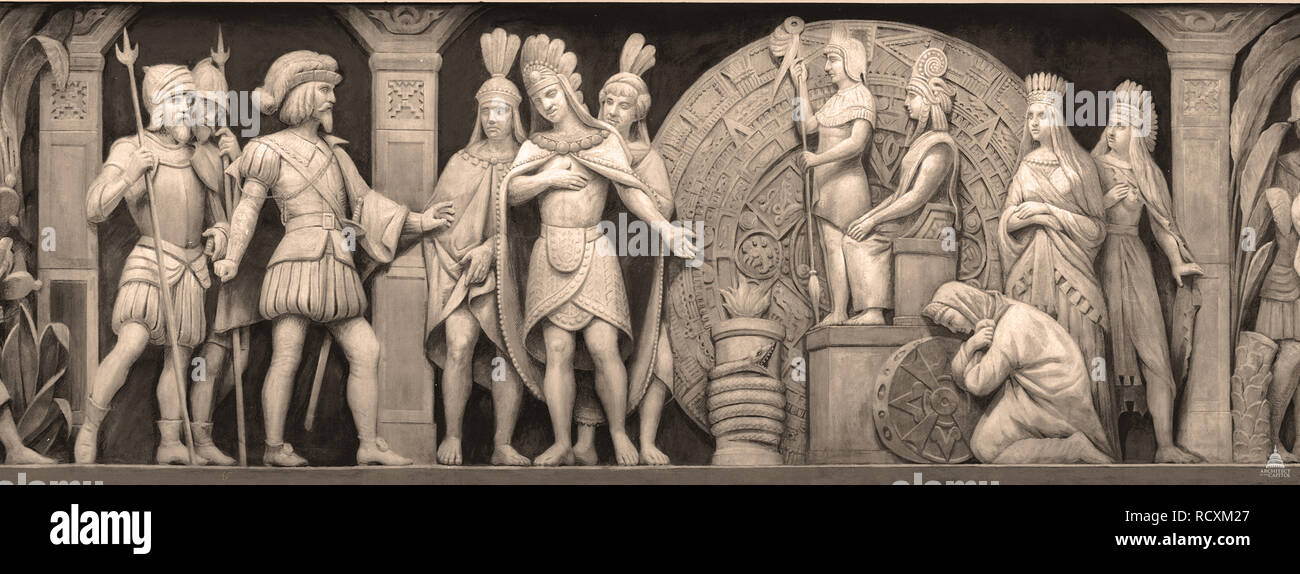 Cortez and Montezuma at Mexican Temple (The frieze in the Rotunda of the United States Capitol). Museum: United States Capitol rotunda. Author: BRUMIDI, CONSTANTINO. Stock Photo