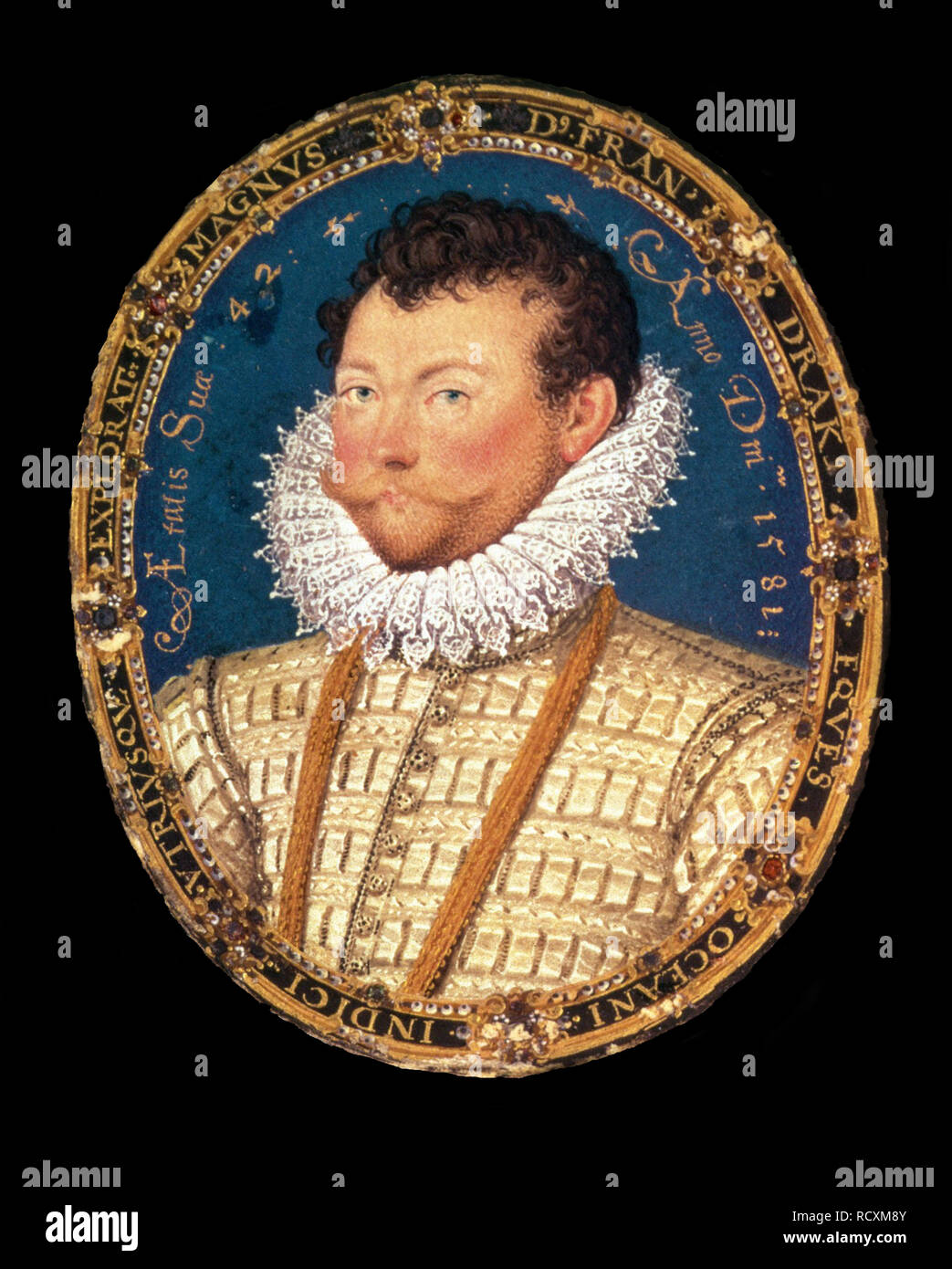 Portrait of Sir Francis Drake. Author: HILLIARD, NICHOLAS. Stock Photo