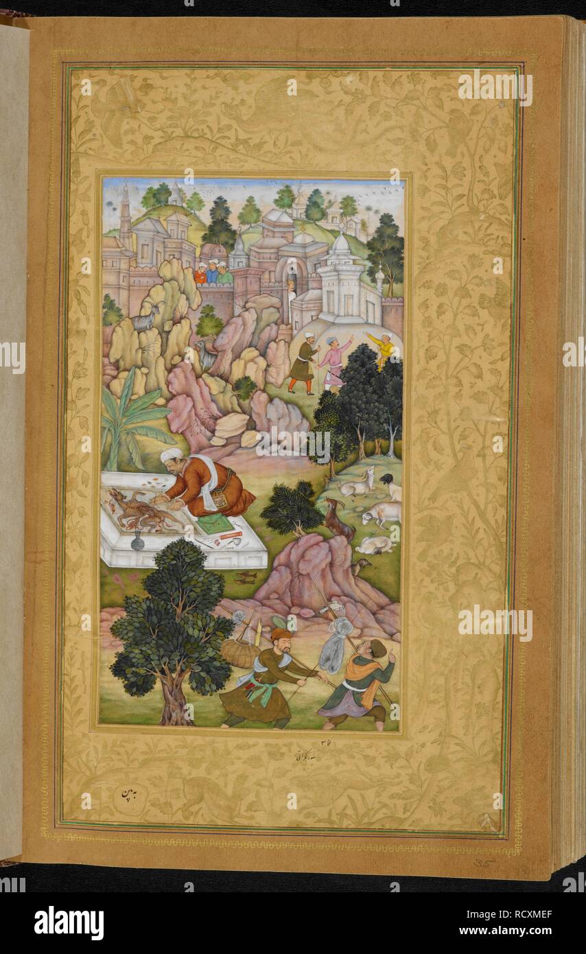 Mani painting a dead dog on top of the reservoir to prevent women from breaking their jars on the marble top which looked like water (Sur Gujarati). Khamsa. ('Five Poems'). India, 1595 - 1610. Opaque watercolour. Mughal style. Mughal/Akbar style. Source: Or. 12208 f.262v. Stock Photo