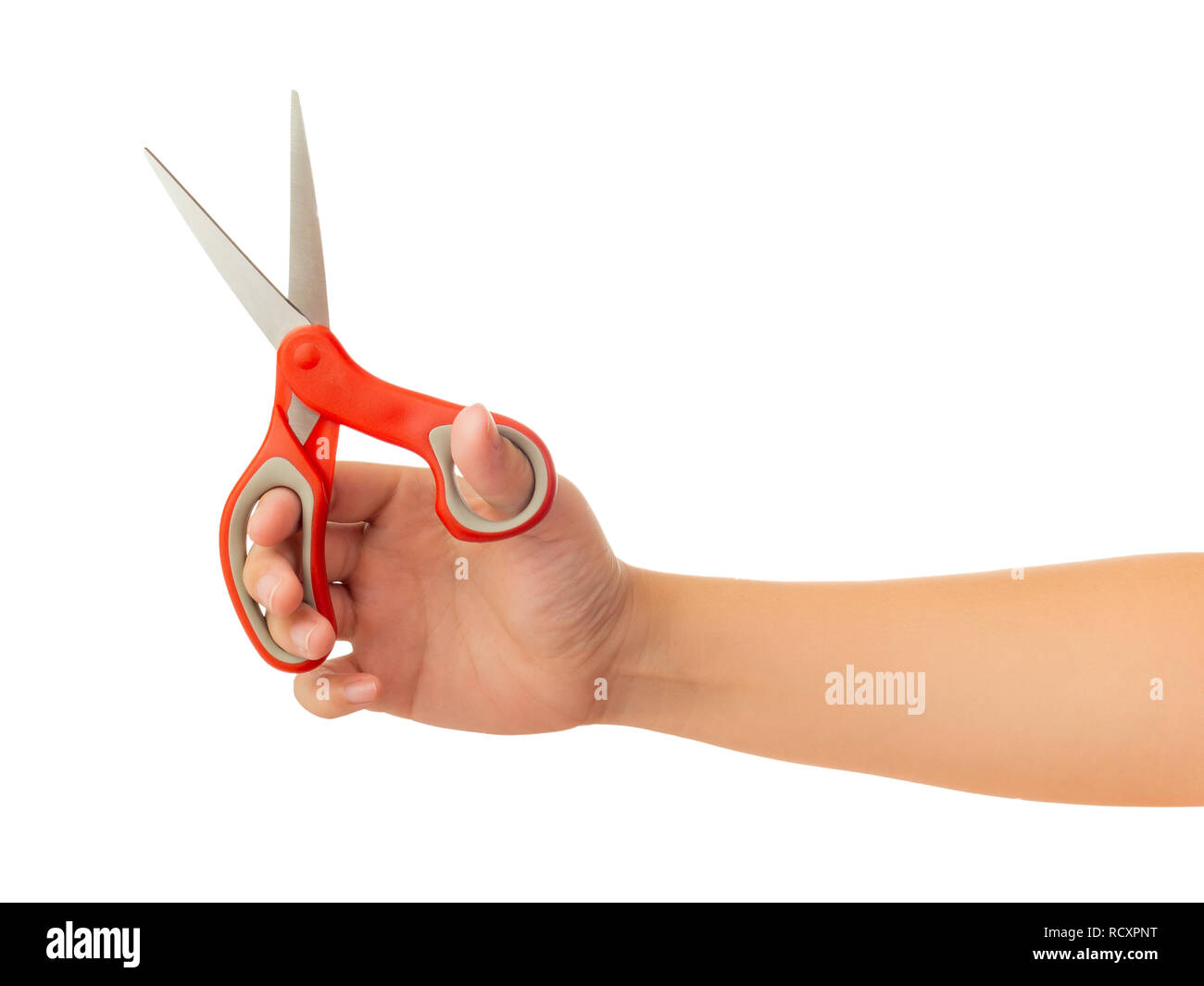 Human hand holding scissors gesture isolate on white background with ...