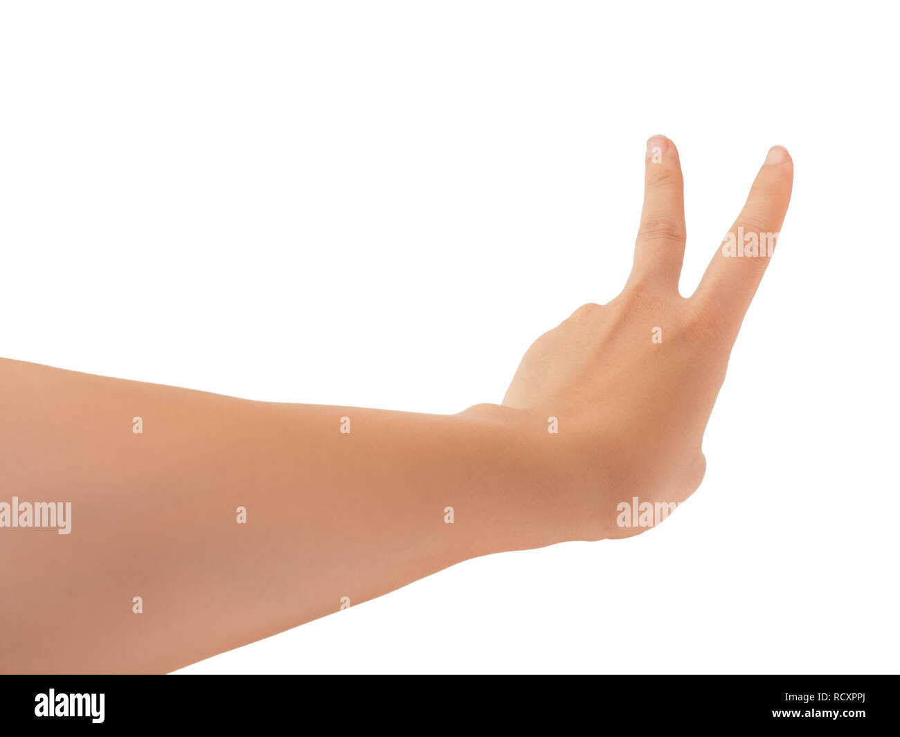 Human hand in reach out one's hand and counting number two or victory sign gesture isolate on white background with clipping path, High resolution and Stock Photo