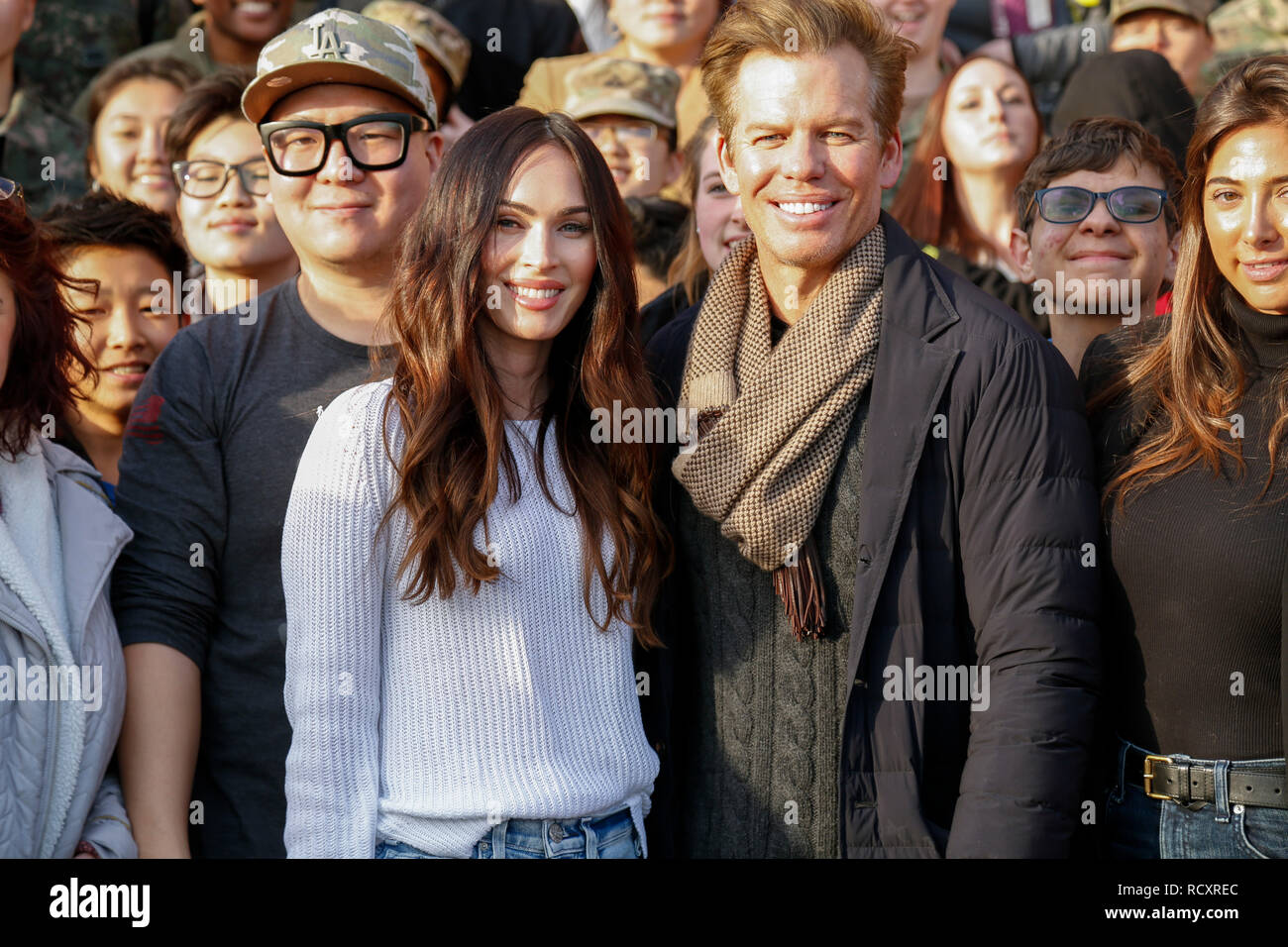 Megan Fox and her agent, Chuck James, visit troops at the Yongsan movie theater Jan. 9. Stock Photo