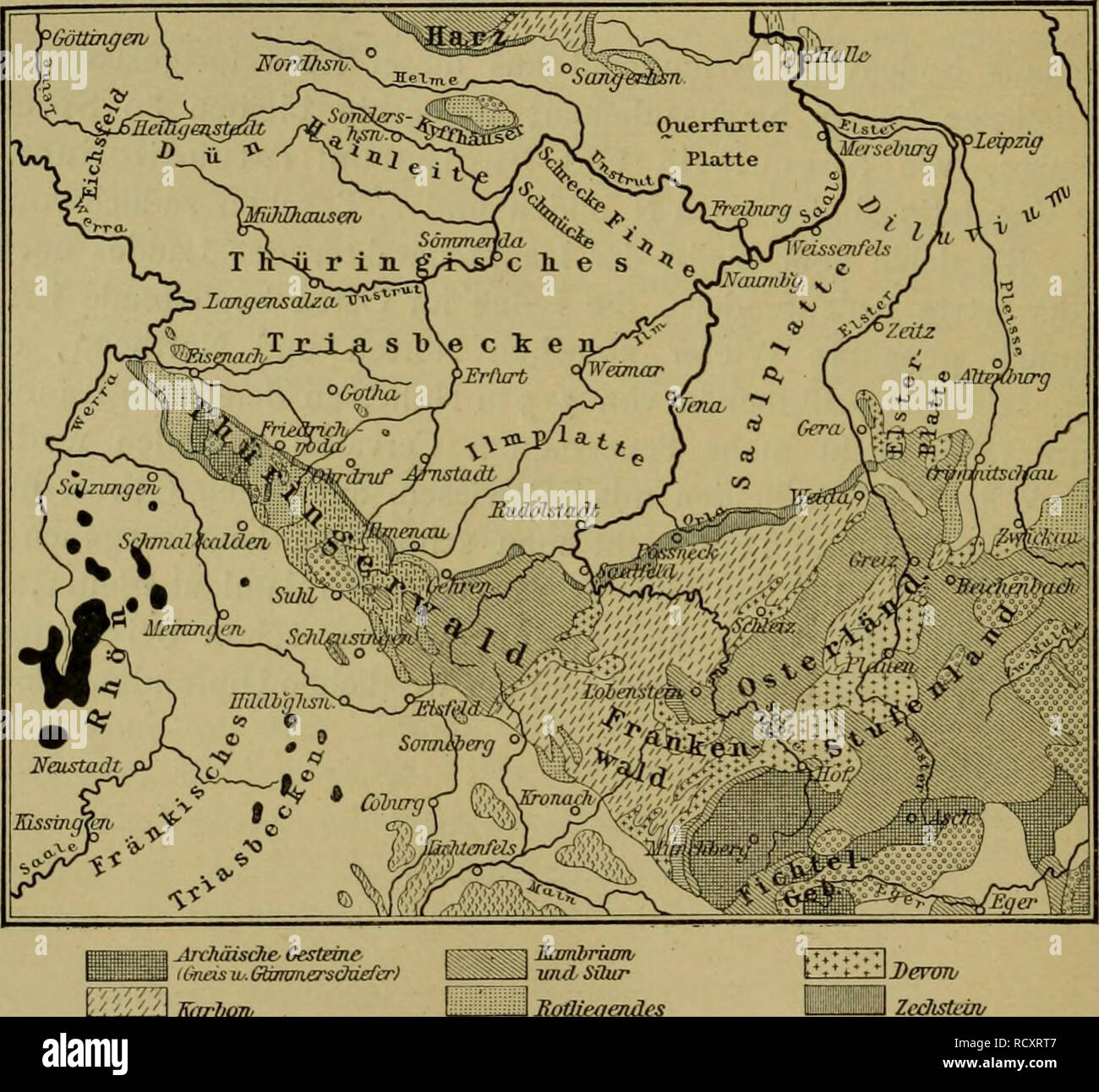 . Der Hercynische Florenbezirk : Grundzüge der Pflanzenverbreitung im mitteldeutschen Berg- und Hügellande vom Harz bis zur Rhön, bis zur Lausitz und dem Böhmer Walde. Plants; Plant ecology; Phytogeography. 350 Vierter Abschnitt. große Gebiet aus den Gesteinen der Trias zusammen, von denen die Bunt- sandstein-Schichten fast den gleichen Anteil an der Oberflächenbildung nehmen, als Muschelkalk und Keuper zusammengenommen. Mit dem Keuper in innigster Verbindung sind inmitten der Landschaft im Flussgebiet der Unstrut auch große Flächen vom Diluvium bedeckt; aber es ist dies ein Diluvium, welches  Stock Photo
