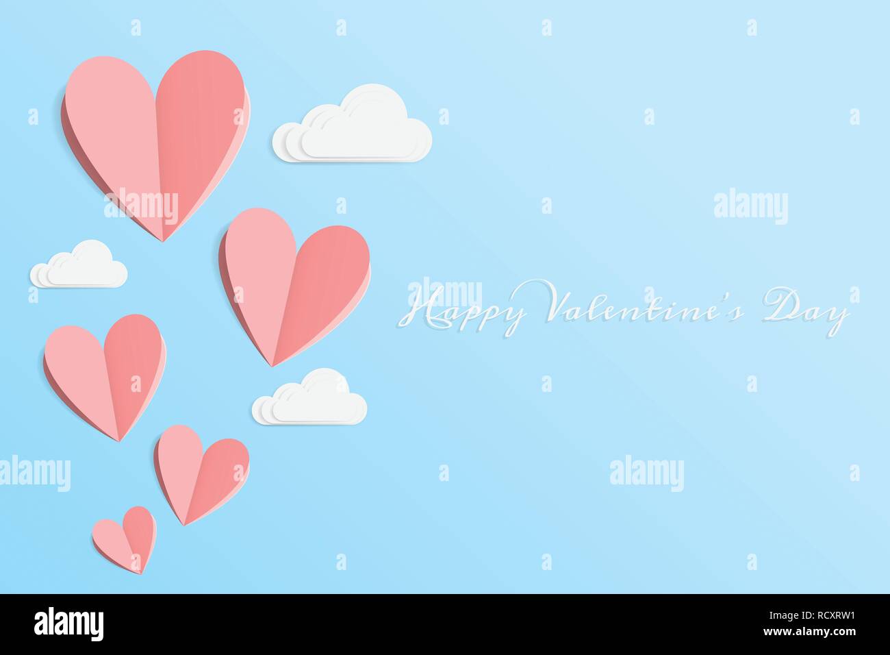vector of love and Happy Valentine's day. origami design elements cut paper made pink heart float up on the blue sky with white cloud. paper art and d Stock Vector