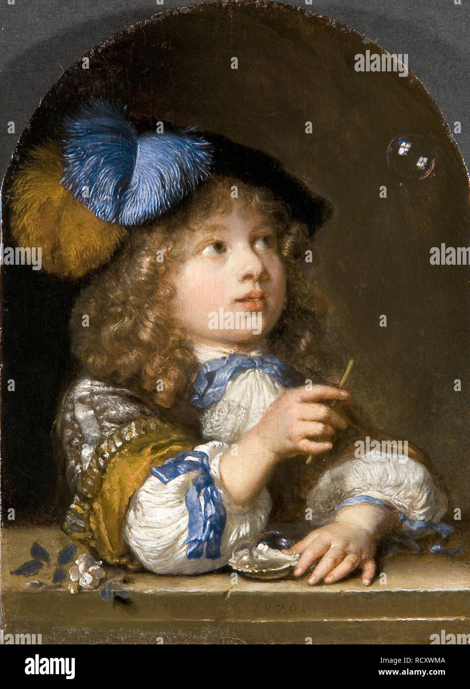 Boy blowing Bubbles. Museum: The Mauritshuis, The Hague. Author: NETSCHER, CASPAR. Stock Photo