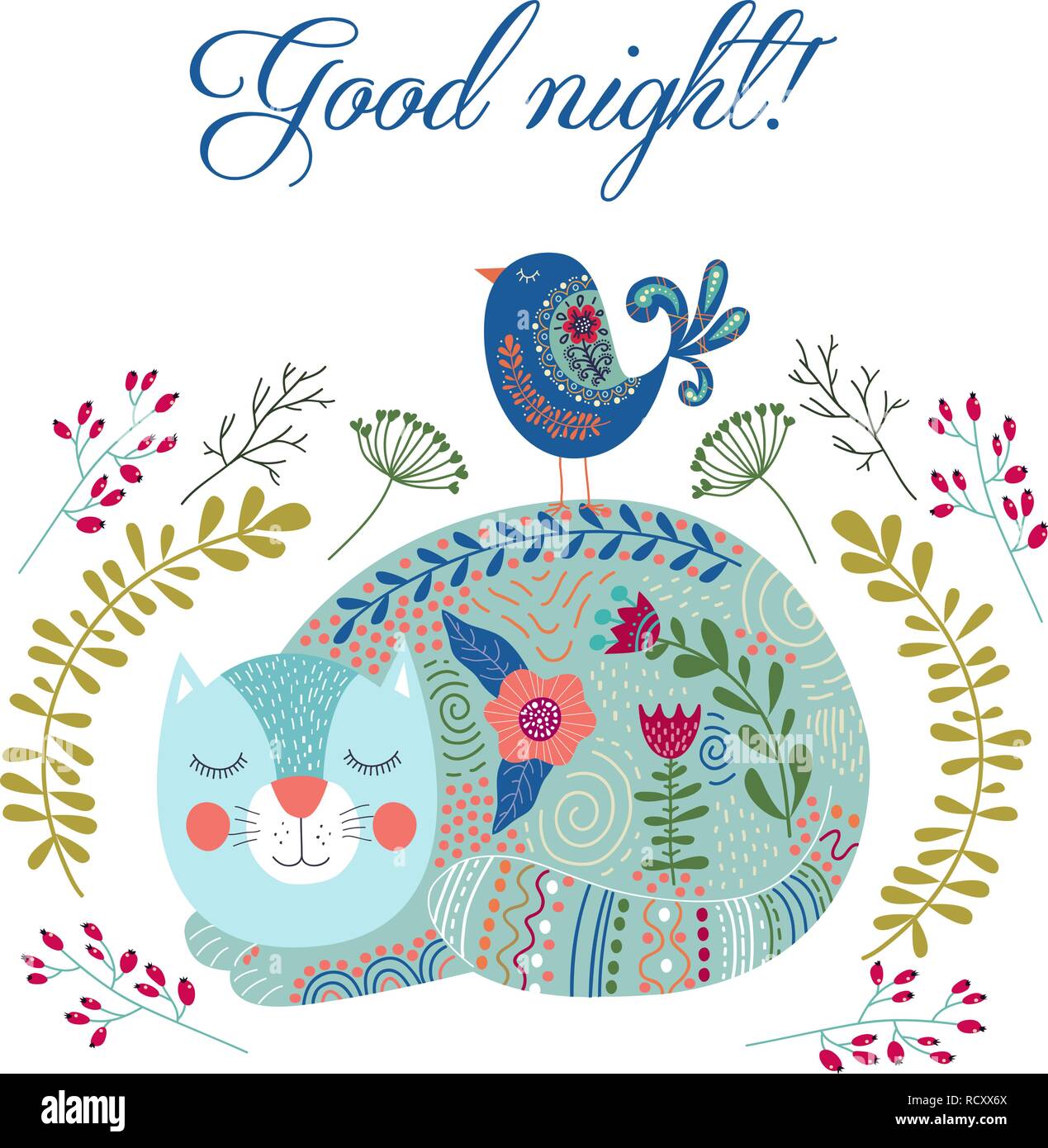 Good night. Art vector colorful illustration with cute cat, bird and flowers Stock Vector Image