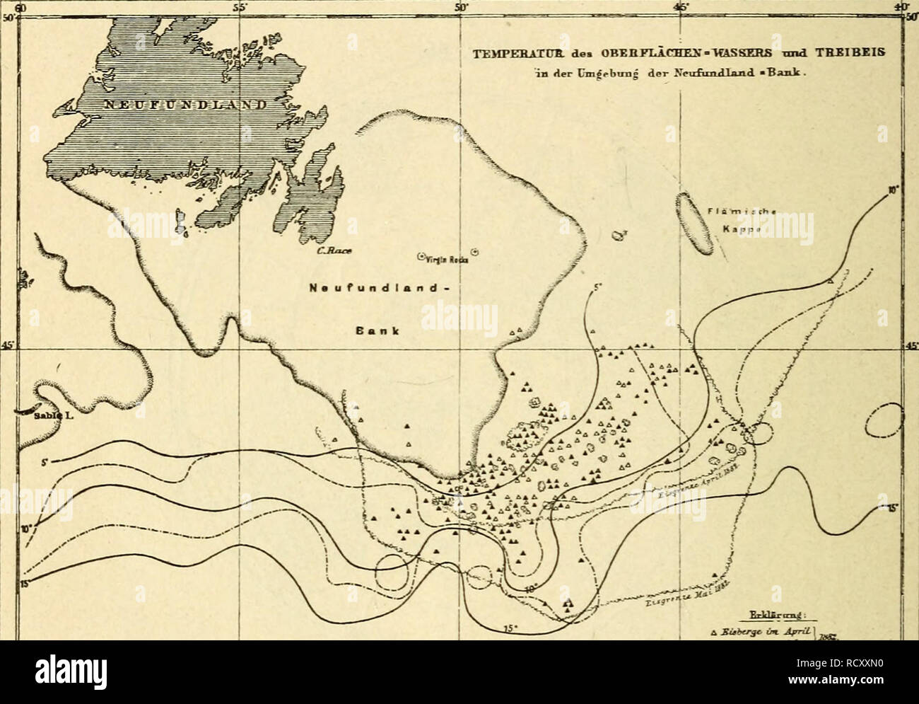 . Der ozean. Ocean. l88 Eisreiche Jahre in den hohen südlichen Breiten. Schiffe hatten sich auf Strecken von 300 Sm. ihren Weg mühsam zwischen den Eisinseln in Sturm oder Nebel zu suchen; einige Berge hatten 10 Sm. Länge und viele über 100 m Höhe. Die zweite und dritte Trift betrafen mehr die Gegend östlich von den Falkland- inseln in der Zeit vom Januar bis Juli 1893 und vom Fig. 67. TEMPEBAXOB. des OBCRFI4A.CHEN-IC&amp;SSERS Txnd TREIBEIS in fler üin^«&gt;^bviig der Xptzfuniilaxid &quot;BaiLk.. Please note that these images are extracted from scanned page images that may have been digitally  Stock Photo