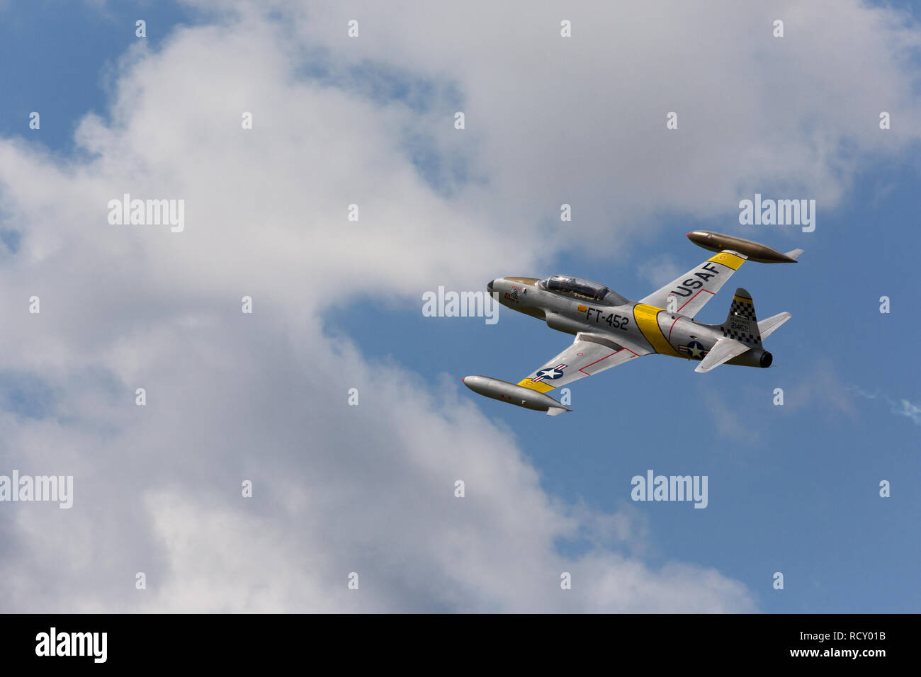 Lockheed T-33 Shooting Star an American subsonic jet trainer flying in air show Stock Photo